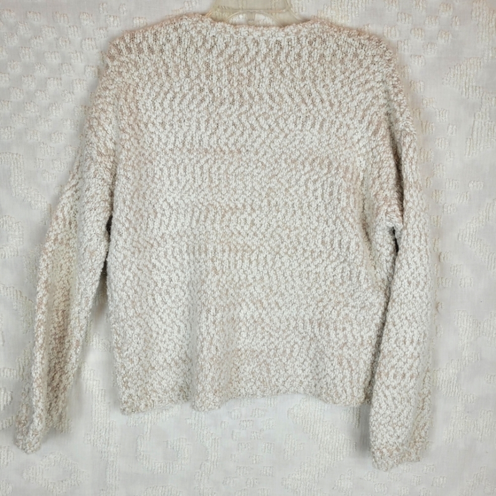 Yet Again ivory and tan loose knit chunky nubby crew neck sweater cozy beachy M - Picture 2 of 9